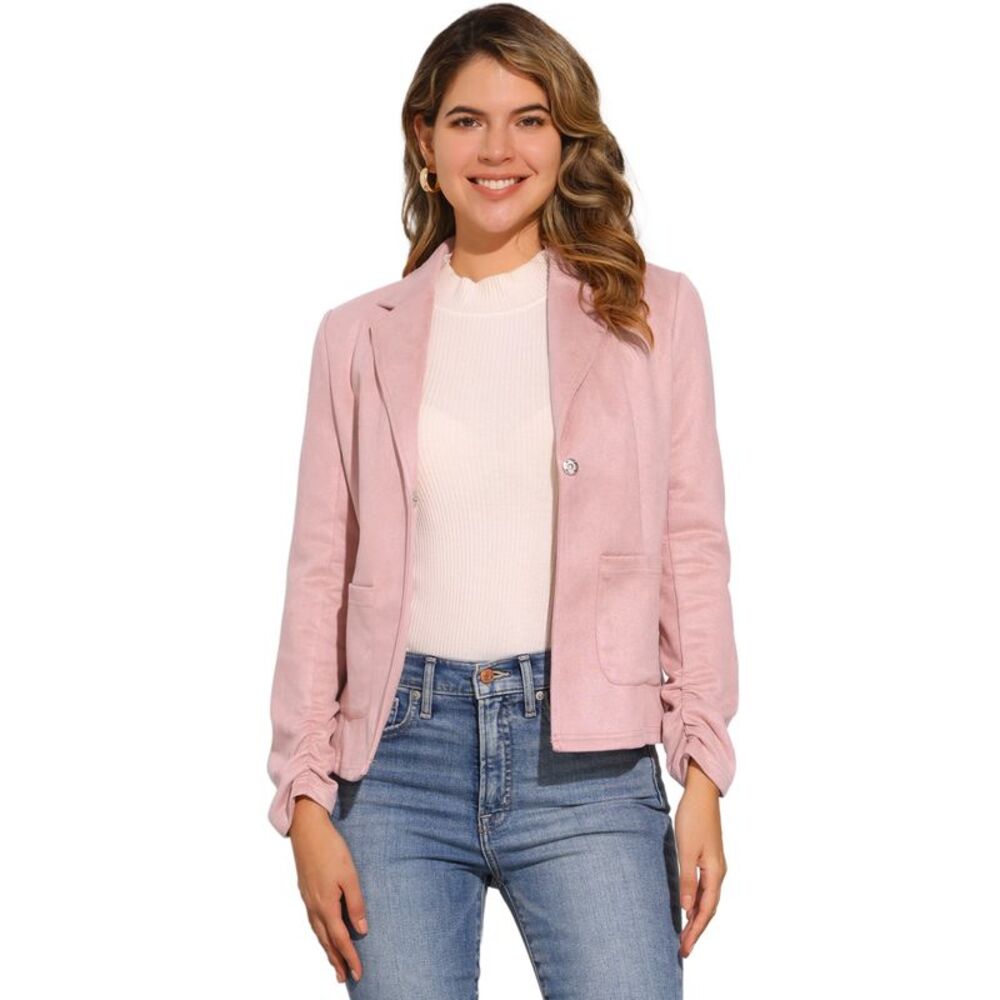 Long Sleeve Casual Open Front Drawstring Faux Suede Blazer Pink